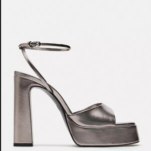 Zara Strappy Platform Silver Metallic Block Heel Sandals | Size 9 | NWT